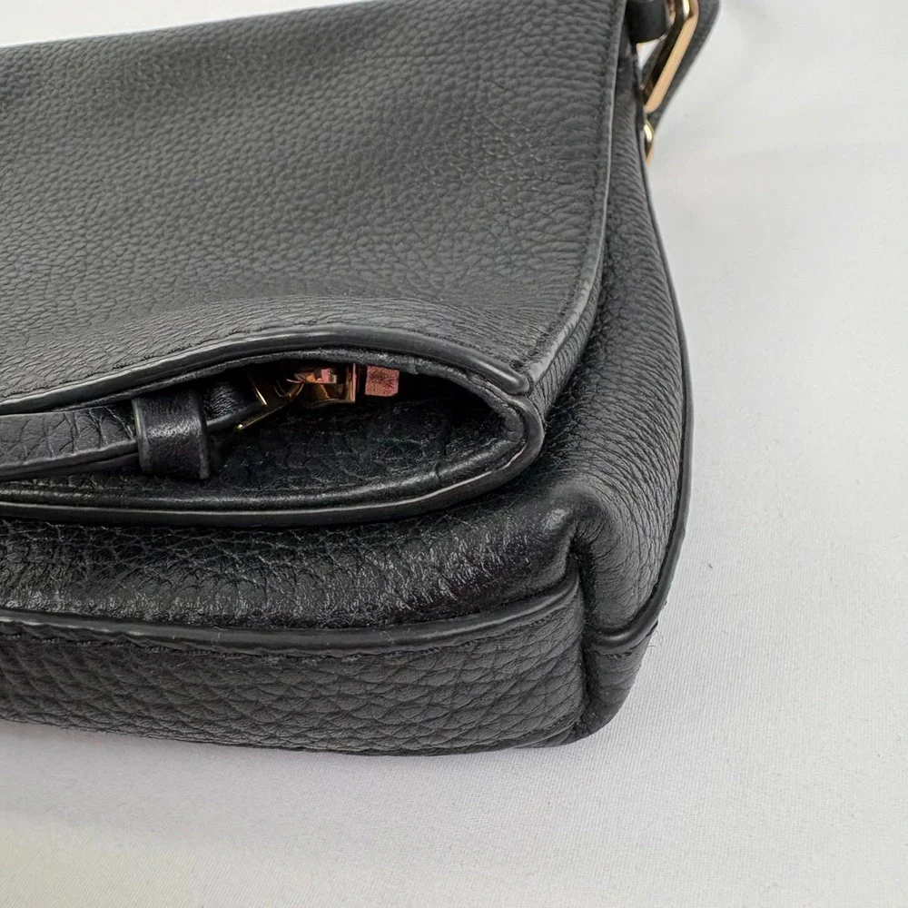 Tory Burch Thea Messenger Bag Black Pebbled Leather Tassel Crossbody Gold Logo
